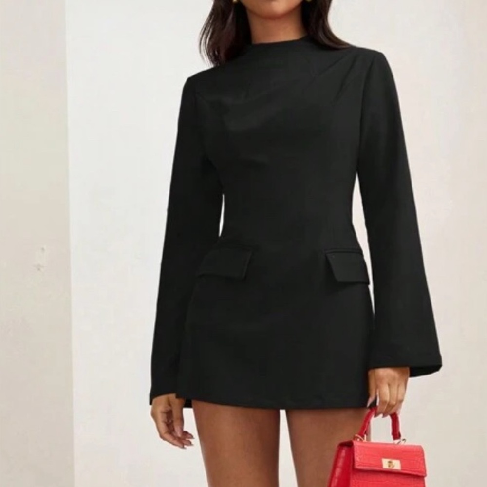 Black Long Bell Sleeve Mini Dress with pocket flaps. Zipper back. Never worn.